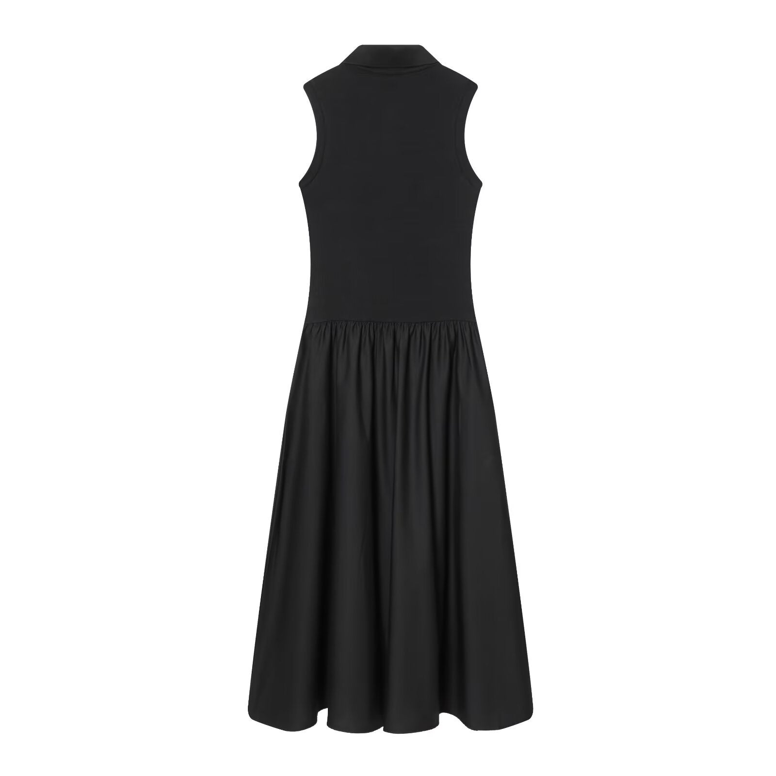 Sleeveless solid color lapel knitted patchwork A-line vest dress