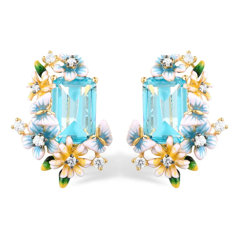 E4044 Gold Flower Stud Earrings Crystal Rhinestone Claw Setting Romantic Party Women's Jewelry