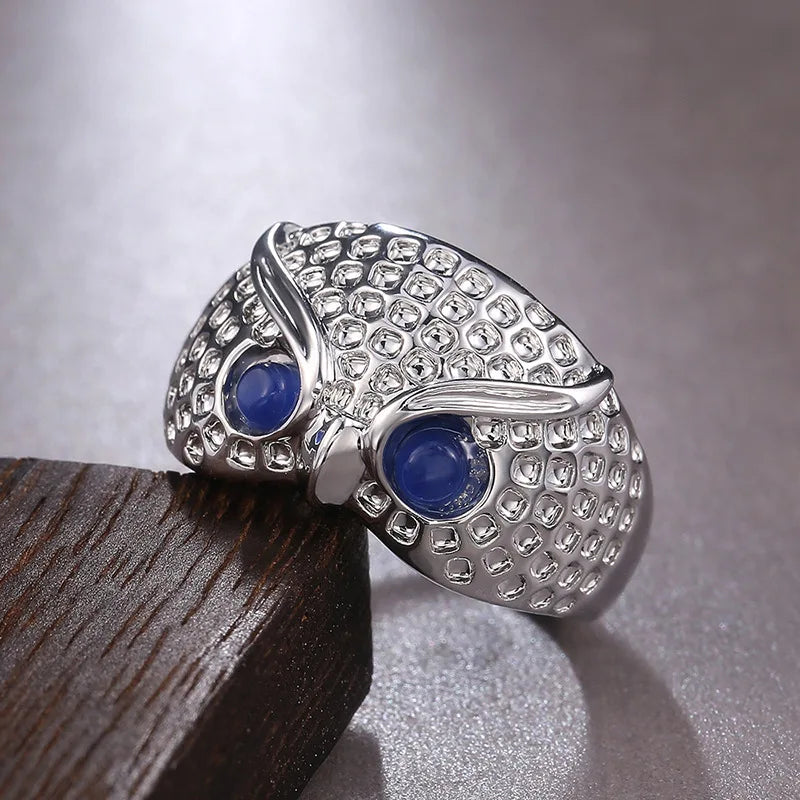 Owl Shape Cocktail Ring With Blue Cubic Zirconia Stones Pave Setting Unisex Fashion Jewelry Gift For Her Or Him