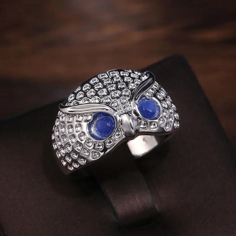 Owl Shape Cocktail Ring With Blue Cubic Zirconia Stones Pave Setting Unisex Fashion Jewelry Gift For Her Or Him