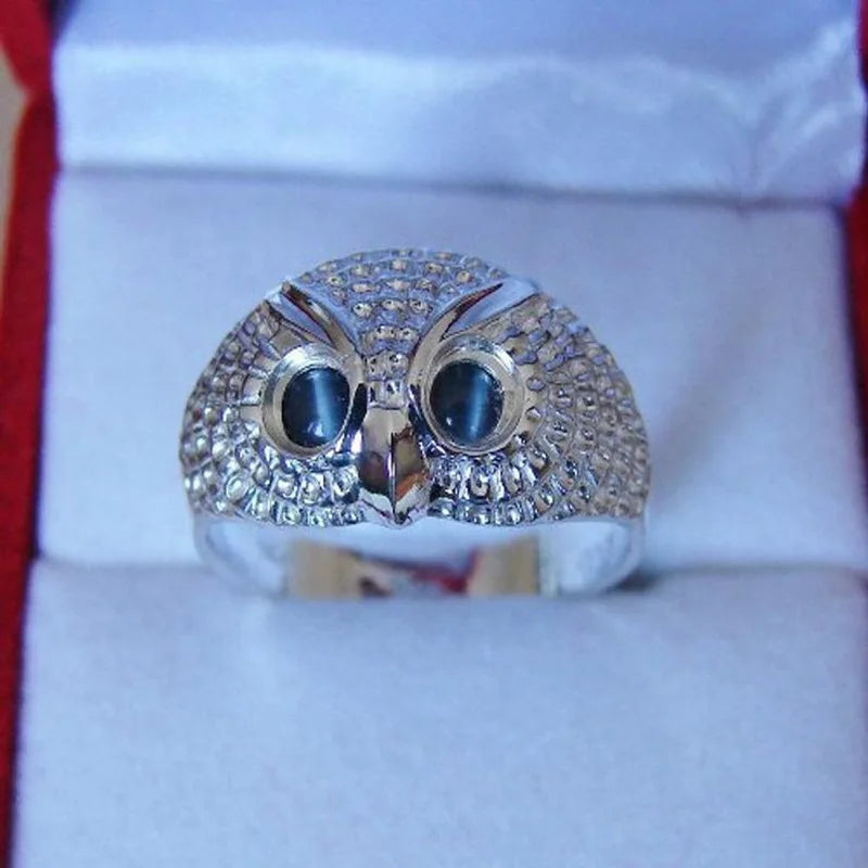 Owl Shape Cocktail Ring With Blue Cubic Zirconia Stones Pave Setting Unisex Fashion Jewelry Gift For Her Or Him