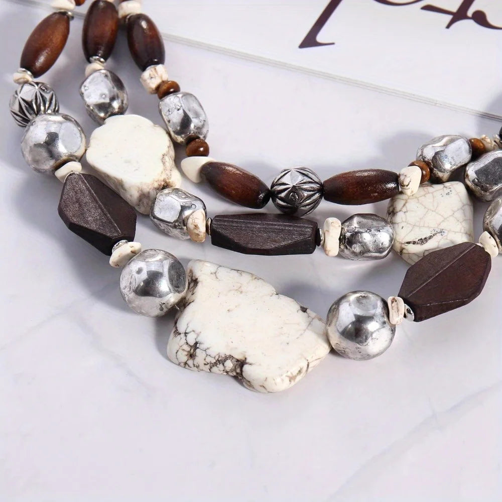 Bocar 3 Layer Turquoise Wood Beaded Statement Chunky Necklace Multi Strands Handmade Collar Jewelry for Christmas Halloween Gift