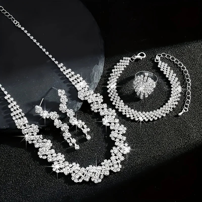 Luxury Exquisite Sparkling Rhinestone Irregular Necklace Bracelet Earrings Ring 4pcs Set Bridal Wedding Jewelry