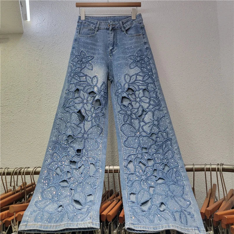 Z9062-elegant Wide-leg Jeans for Women Hollow Out Flower Embroidery Rhinestone Demin Trousers.