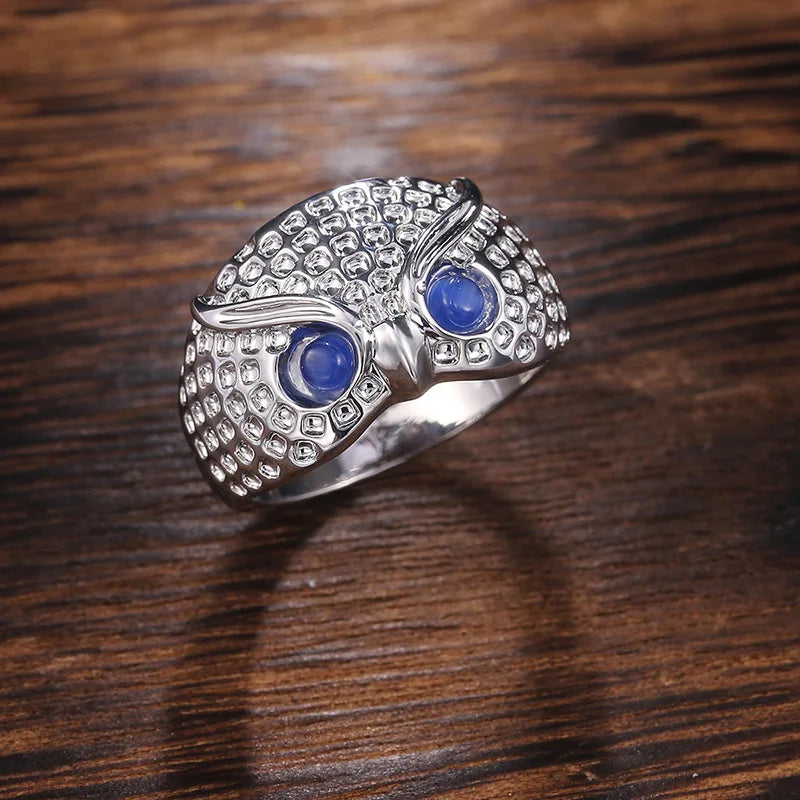Owl Shape Cocktail Ring With Blue Cubic Zirconia Stones Pave Setting Unisex Fashion Jewelry Gift For Her Or Him
