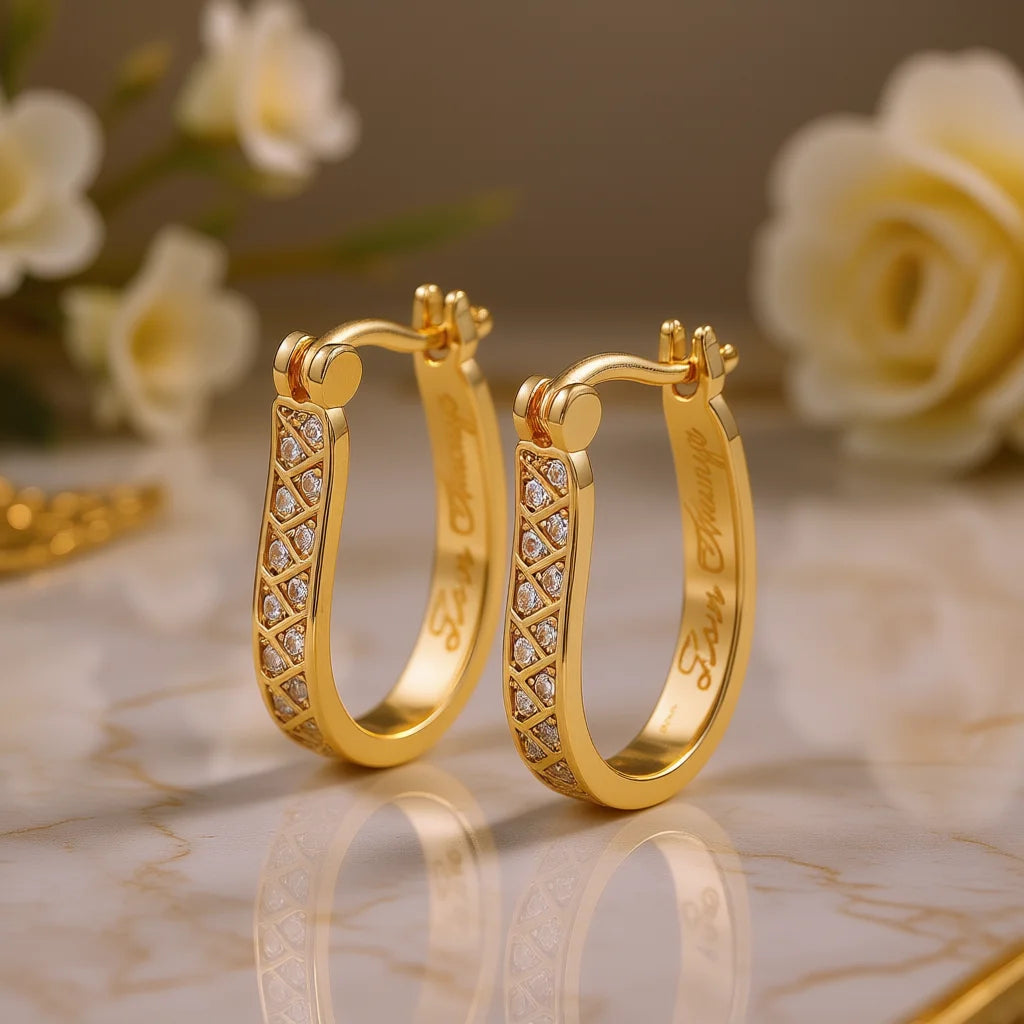 Zam Chanya 18K Gold Hoop Earrings with Brilliant Cut Pearl Channel Set Geometric Design Luxury Women's Jewelry