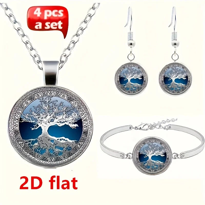 2D Flat, 2D Flat Fashion Charms Celtic Tree of Life Glass Alloy Cabochon Necklace & Earrings & Bangle Set(Totally 4pcs) Jewelry