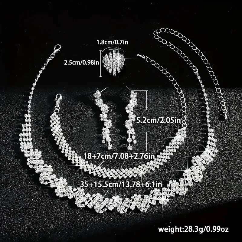 Luxury Exquisite Sparkling Rhinestone Irregular Necklace Bracelet Earrings Ring 4pcs Set Bridal Wedding Jewelry