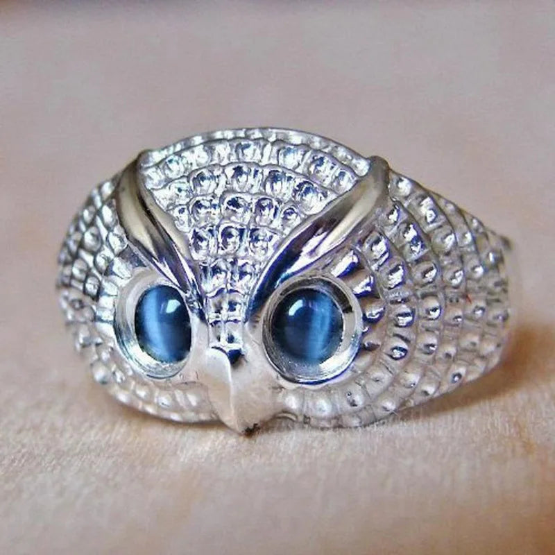 Owl Shape Cocktail Ring With Blue Cubic Zirconia Stones Pave Setting Unisex Fashion Jewelry Gift For Her Or Him