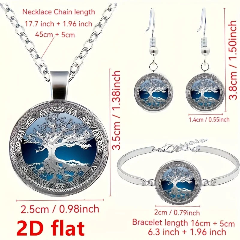 2D Flat, 2D Flat Fashion Charms Celtic Tree of Life Glass Alloy Cabochon Necklace & Earrings & Bangle Set(Totally 4pcs) Jewelry