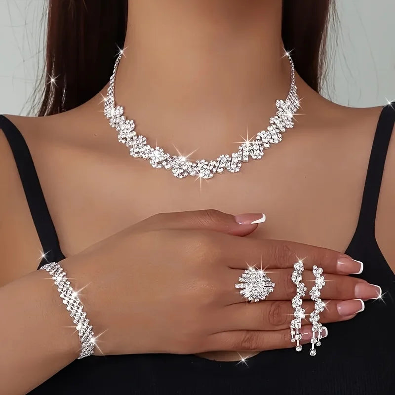 Luxury Exquisite Sparkling Rhinestone Irregular Necklace Bracelet Earrings Ring 4pcs Set Bridal Wedding Jewelry