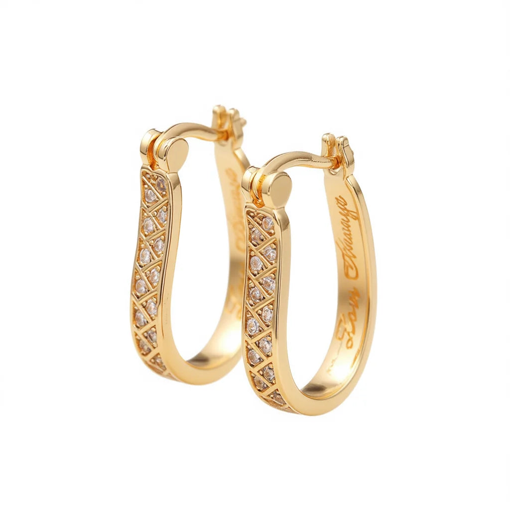 Zam Chanya 18K Gold Hoop Earrings with Brilliant Cut Pearl Channel Set Geometric Design Luxury Women's Jewelry