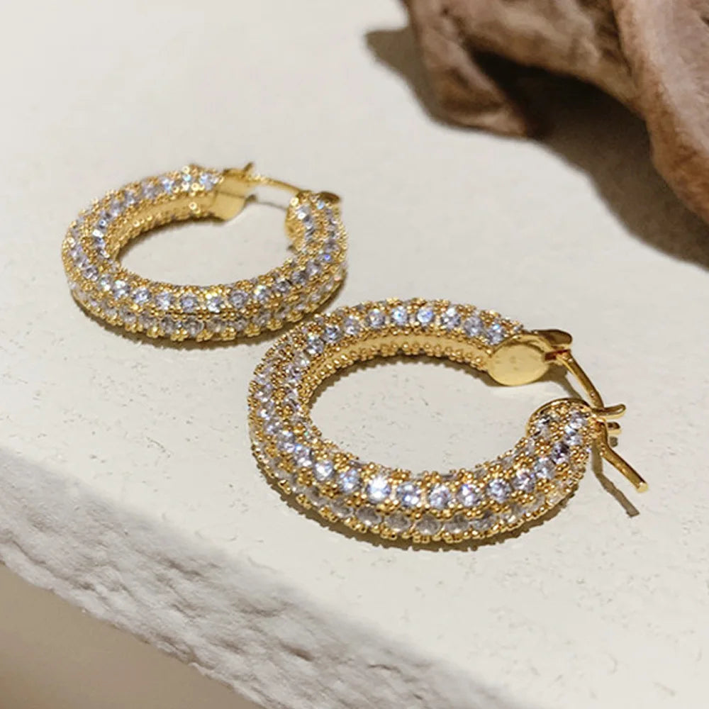 Luxury Gold Plated Hoop Earrings With Crystal Rhinestones For Women Party Jewelry 22k Plated Channel Setting Style
