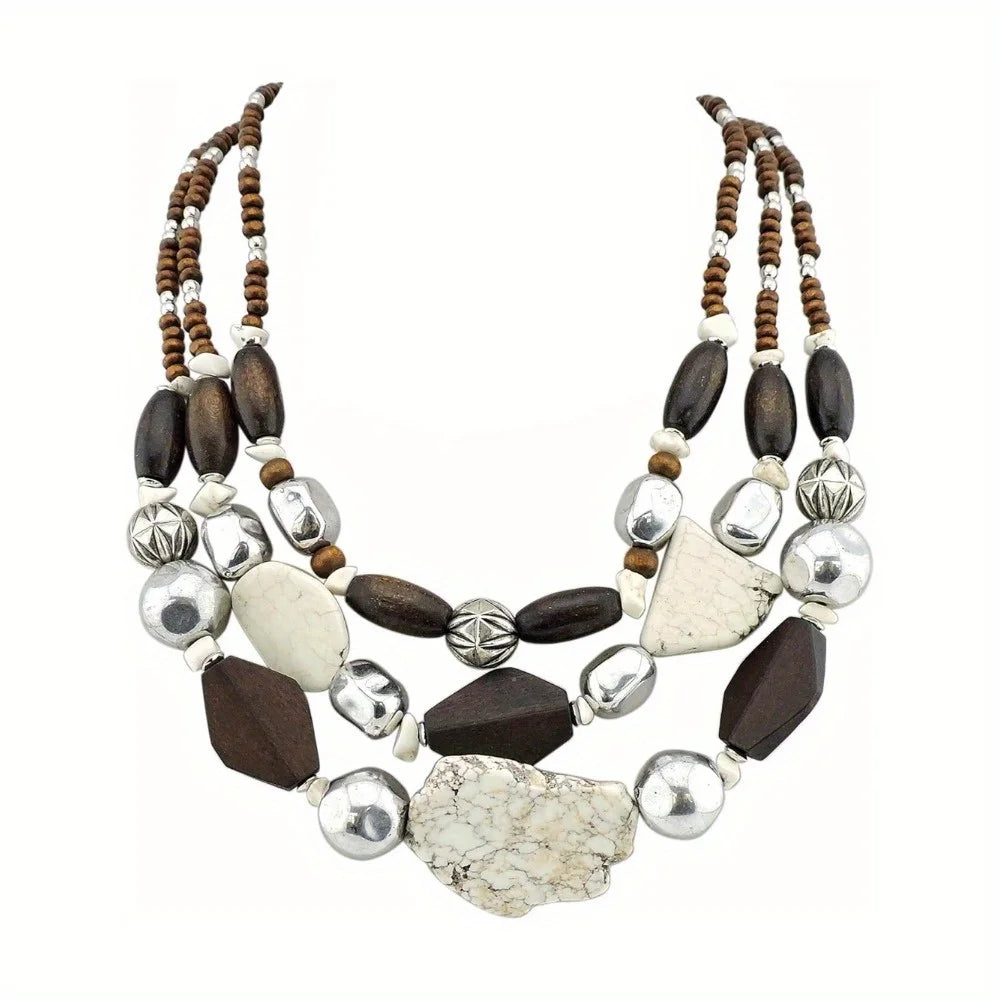 Bocar 3 Layer Turquoise Wood Beaded Statement Chunky Necklace Multi Strands Handmade Collar Jewelry for Christmas Halloween Gift