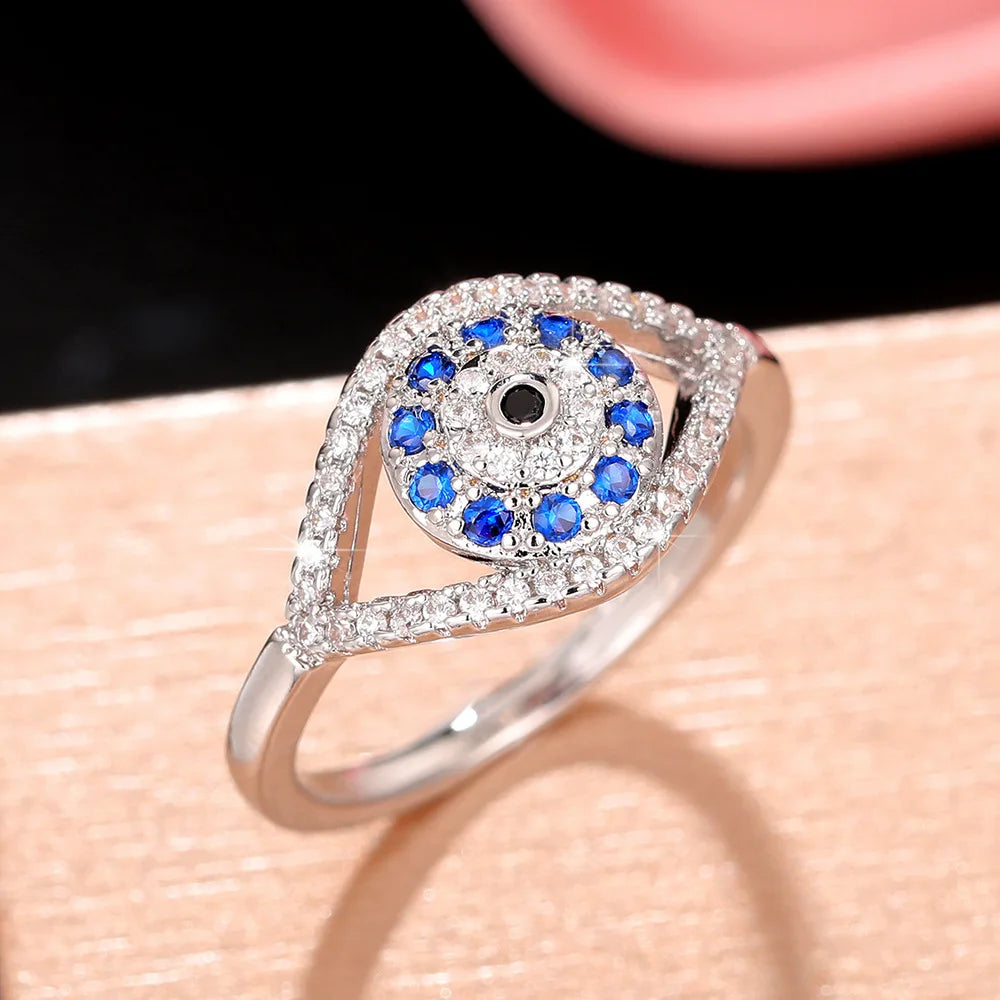 Q135 Silver Ring With Sapphire And Diamond Eye Design Unisex Gift Jewelry