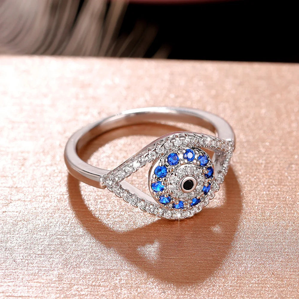 Q135 Silver Ring With Sapphire And Diamond Eye Design Unisex Gift Jewelry
