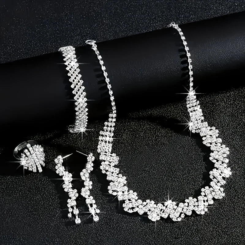 Luxury Exquisite Sparkling Rhinestone Irregular Necklace Bracelet Earrings Ring 4pcs Set Bridal Wedding Jewelry