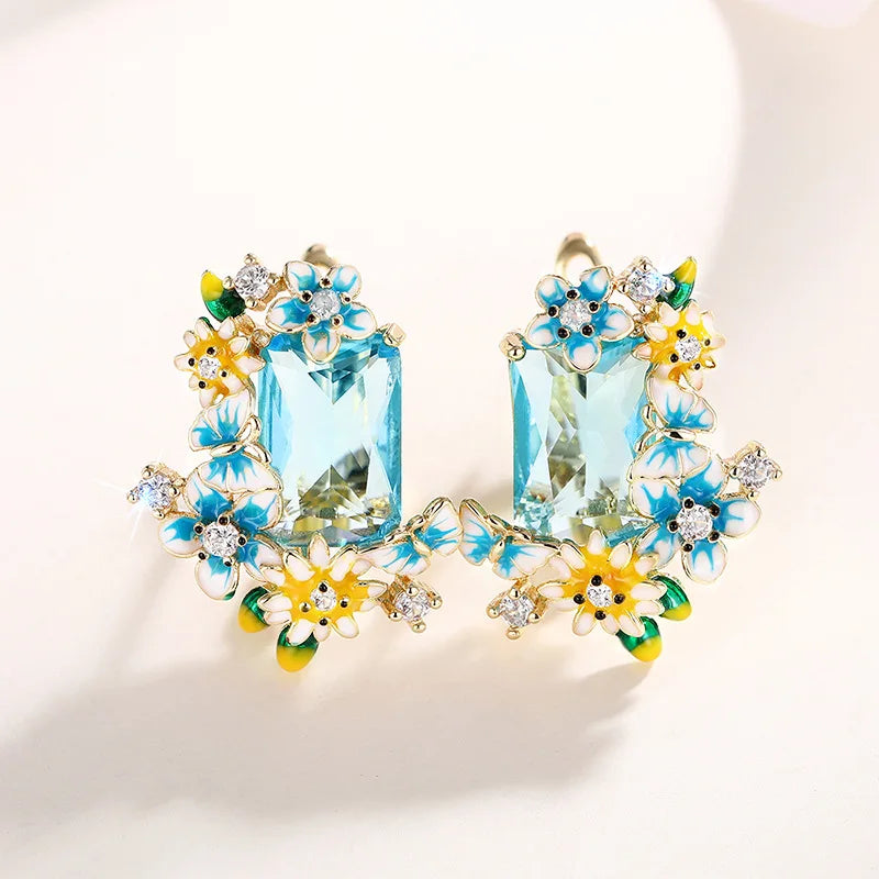 E4044 Gold Flower Stud Earrings Crystal Rhinestone Claw Setting Romantic Party Women's Jewelry