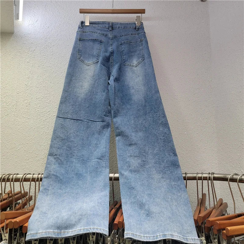 Z9062-elegant Wide-leg Jeans for Women Hollow Out Flower Embroidery Rhinestone Demin Trousers.