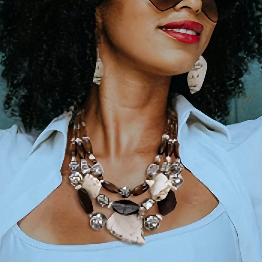 Bocar 3 Layer Turquoise Wood Beaded Statement Chunky Necklace Multi Strands Handmade Collar Jewelry for Christmas Halloween Gift