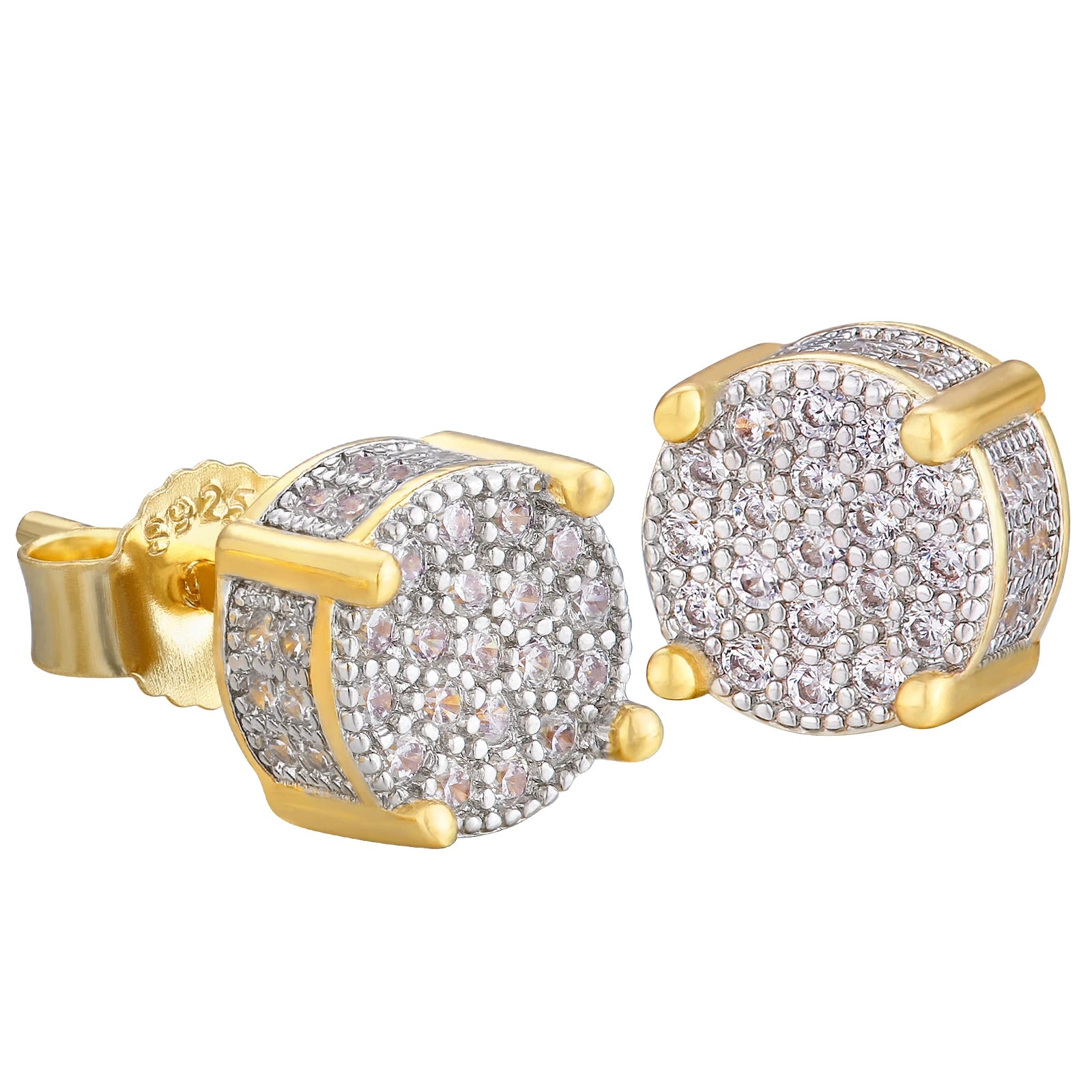 USA 14K Golden Plated 925 Sterling Silver 5A+ Cubic Zirconia Cluster Round Stud Earrings Men Women Jewelry Gift Aretes De Hombre