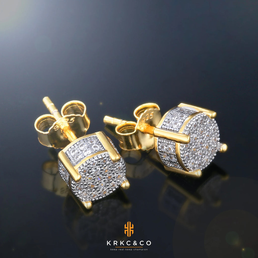 USA 14K Golden Plated 925 Sterling Silver 5A+ Cubic Zirconia Cluster Round Stud Earrings Men Women Jewelry Gift Aretes De Hombre