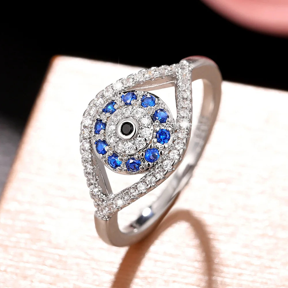 Q135 Silver Ring With Sapphire And Diamond Eye Design Unisex Gift Jewelry