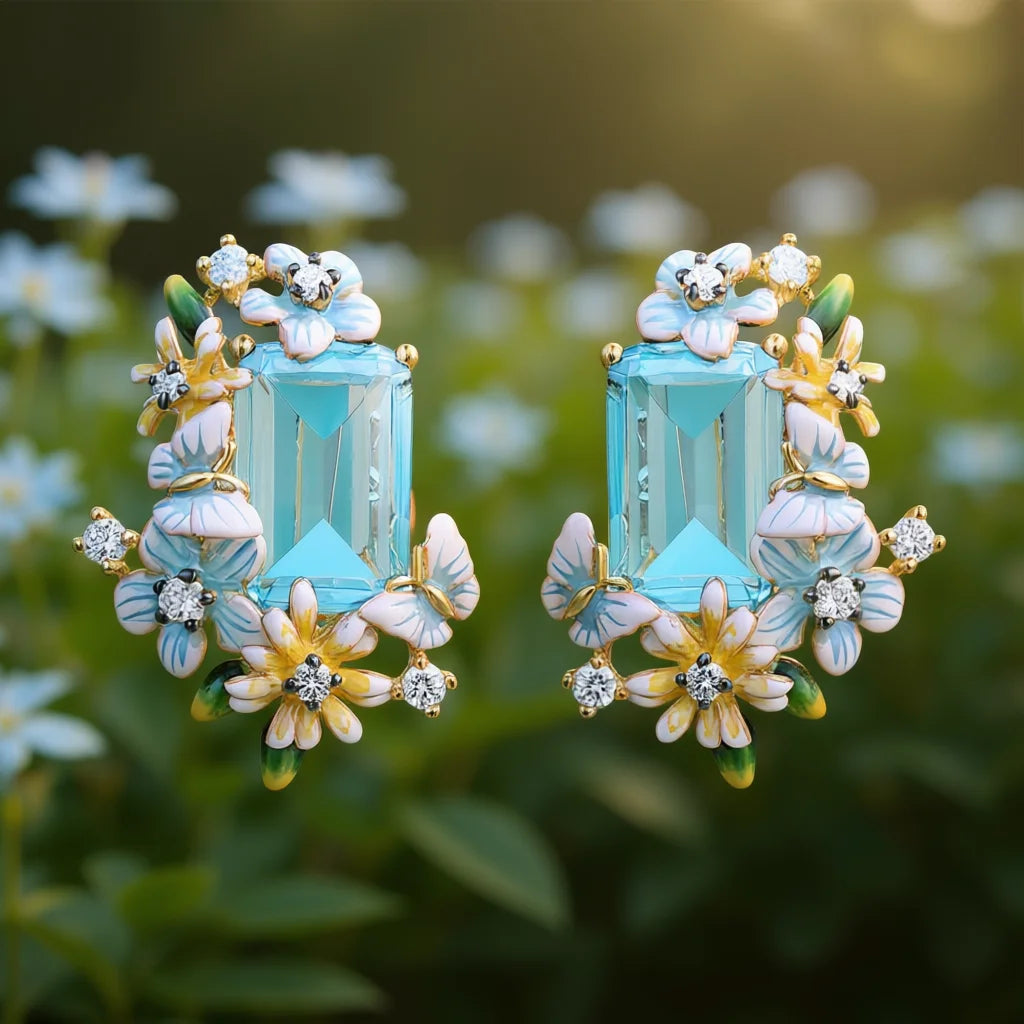E4044 Gold Flower Stud Earrings Crystal Rhinestone Claw Setting Romantic Party Women's Jewelry