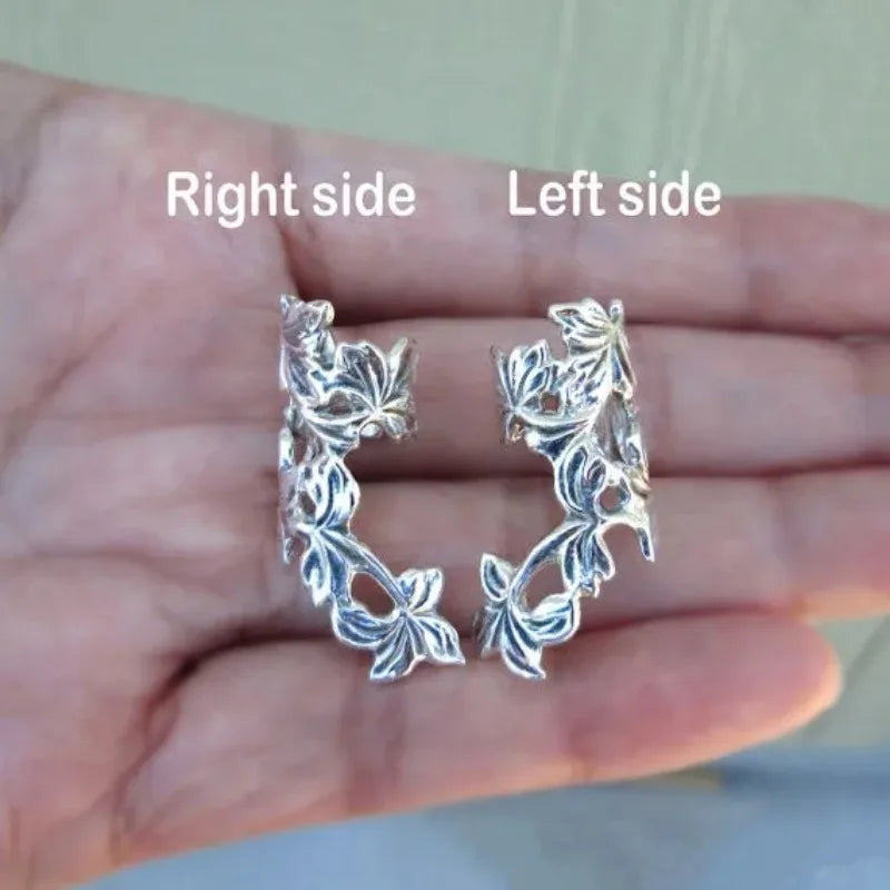1 Pair Women's Antique Silver Color Spring Leaf Ear Cuff Cartilage Earrings Unique Ear Clip Flower Handmade Jewelry Bride