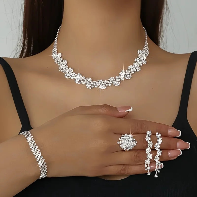 Luxury Exquisite Sparkling Rhinestone Irregular Necklace Bracelet Earrings Ring 4pcs Set Bridal Wedding Jewelry