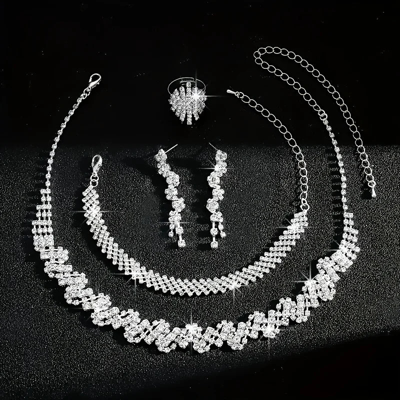 Luxury Exquisite Sparkling Rhinestone Irregular Necklace Bracelet Earrings Ring 4pcs Set Bridal Wedding Jewelry