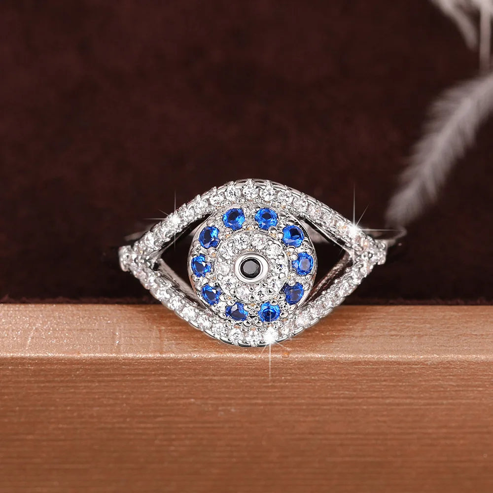 Q135 Silver Ring With Sapphire And Diamond Eye Design Unisex Gift Jewelry