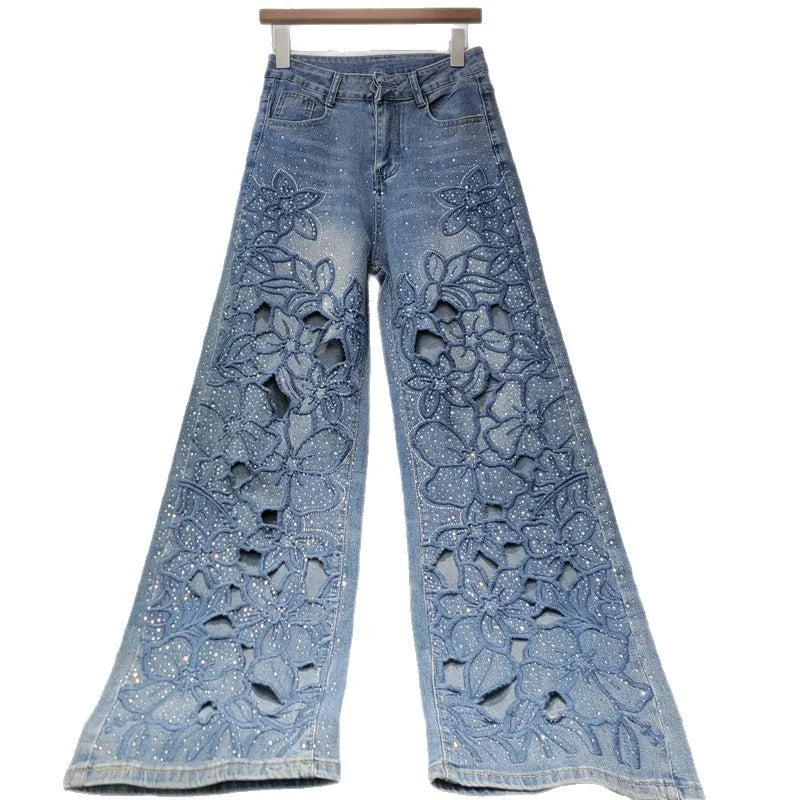 Z9062-elegant Wide-leg Jeans for Women Hollow Out Flower Embroidery Rhinestone Demin Trousers.