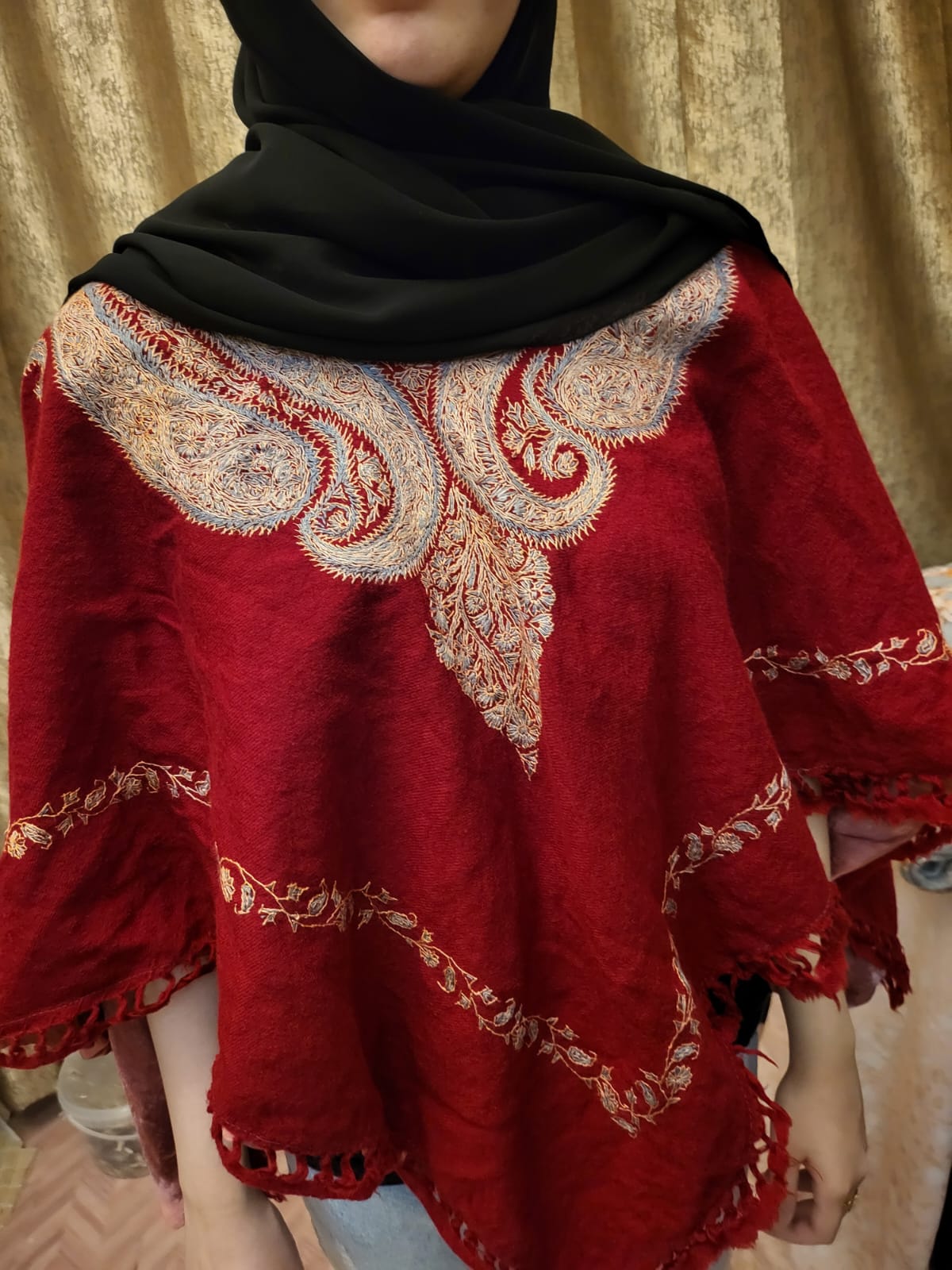 Red Kashmiri Hand Embroidered Poncho