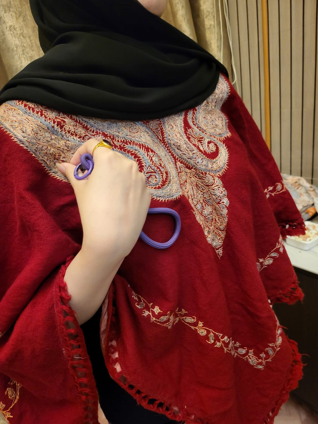 Red Kashmiri Hand Embroidered Poncho