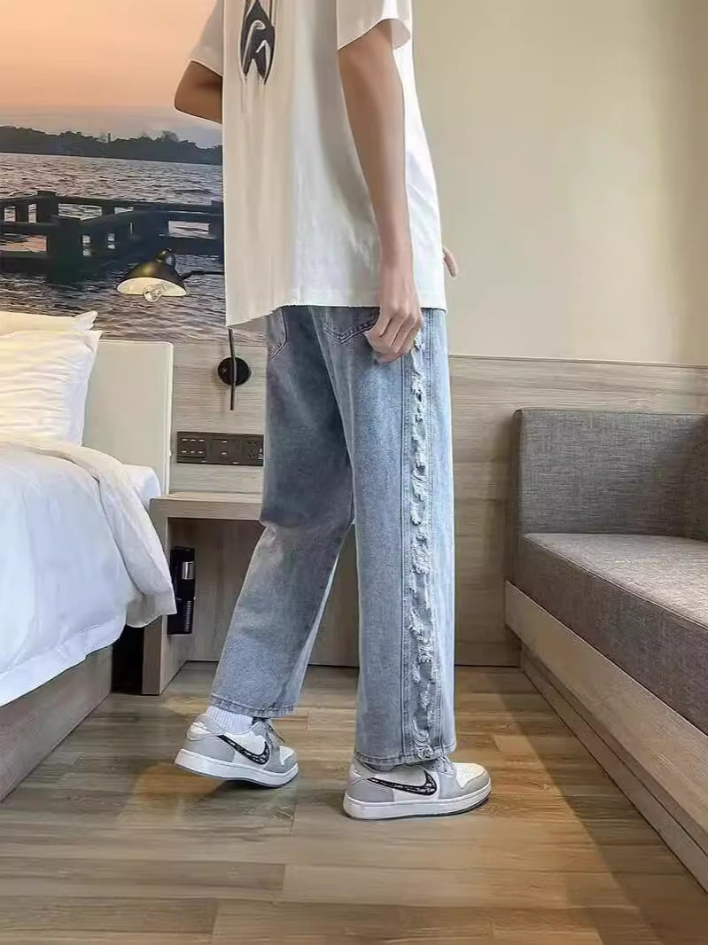 2024 New Fashion Trendy Denim Pants Men's Design Sense Joker Casual Straight Pants Spring and Autumn Wide Leg Pants
