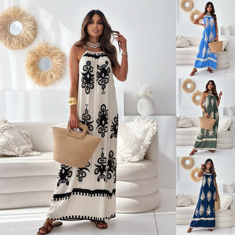 Polyester European And American New Positioning Flower Print Suspender Dress
