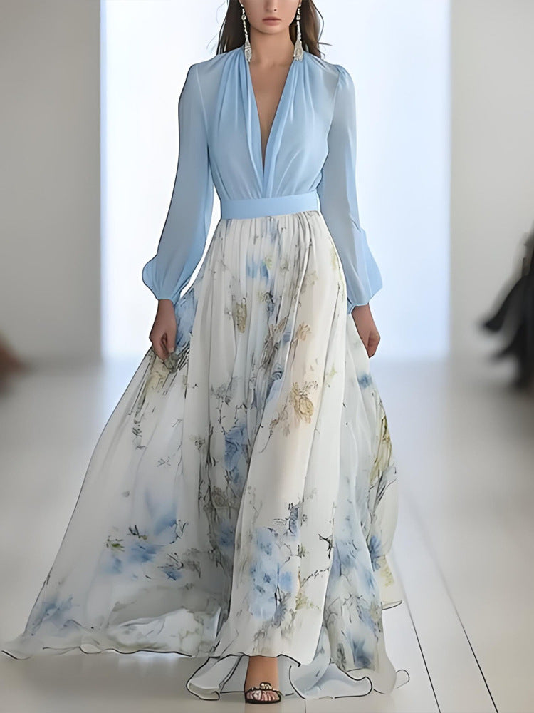 Polyester Digital Printing Long-Sleeved V Neck Splicing Long Skirt Dress