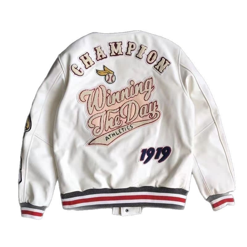 Polyester Baseball Leather Jacket For Men And Women Autumn And Winter Leather Coat With Multi-Label Embroidery