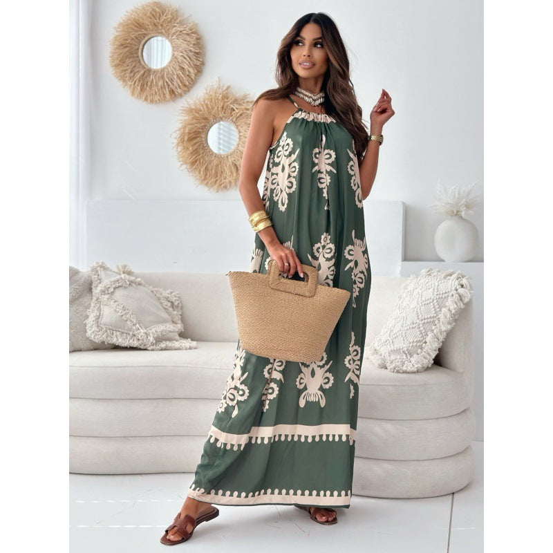 Polyester European And American New Positioning Flower Print Suspender Dress