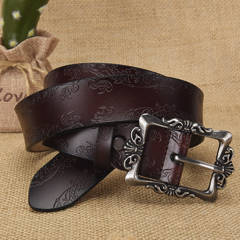 Cross-border European and American Women's Retro Belt Embossed Pattern Pin Buckle Belt Women's Ins Style All-match Simple Casual Pants Belt Rumanglobalcraft