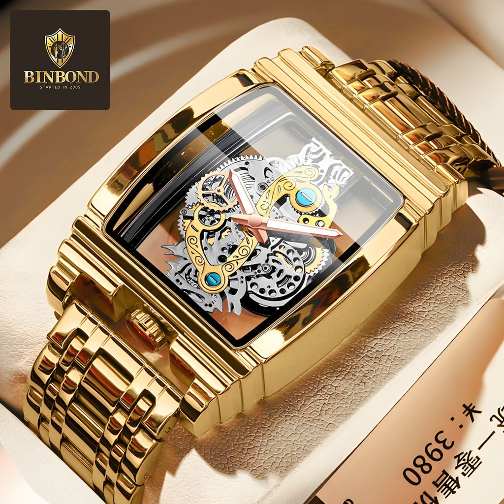 Fashion Wine Barrel Motorcycle Gear Strip Hollow Watch Tourbillon Leather Watch Men's Personalized Waterproof Luminous