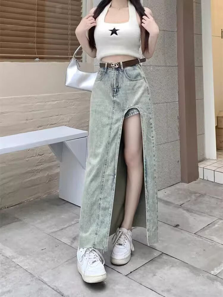 Spice Girl Side Split High Waist Denim Skirt Women's 2024 Summer New Slim-fit Slimming A- line Hip Long Skirt