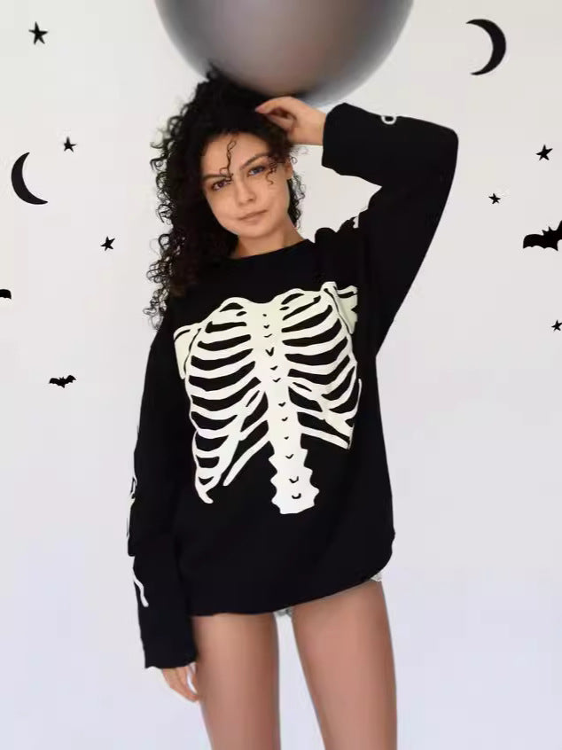 Polyester High Street Hip Hop Oversize Bone Skull Diablo Retro Long Sleeve Round Neck T-shirt Sweatshirt Customization