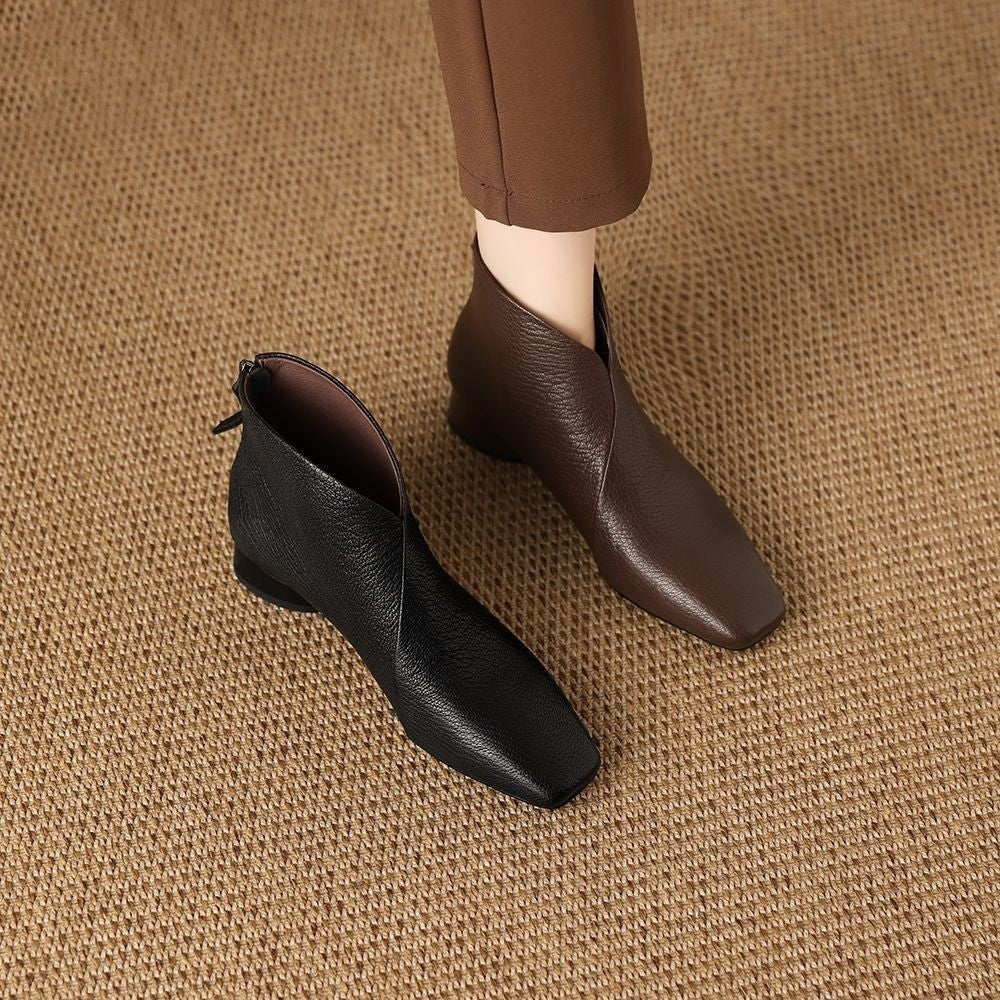 New Retro British Style Thick Heel Pointed Toe Real Soft Leather Slimming Western Boots Women's Short Boots Half-Fang Handmade Women's Shoes