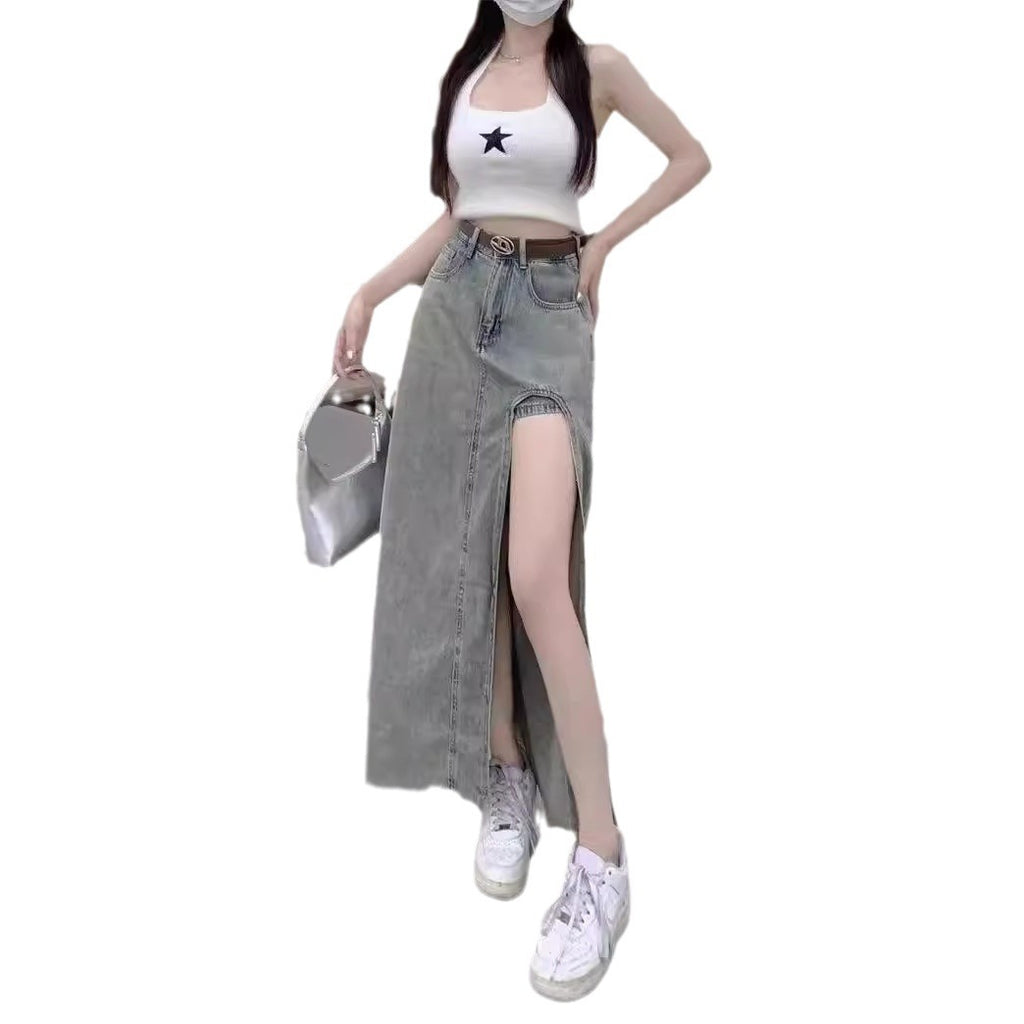 Spice Girl Side Split High Waist Denim Skirt Women's 2024 Summer New Slim-fit Slimming A- line Hip Long Skirt