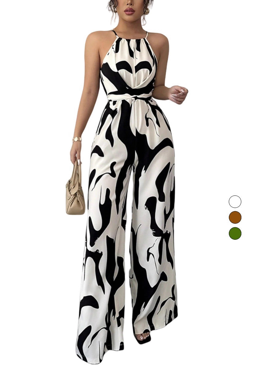 Polyester Women's Clothing Retro Versatile Lace-Up Waist Slimming Printed Halterneck Jumpsuit For Women Summer High-End
