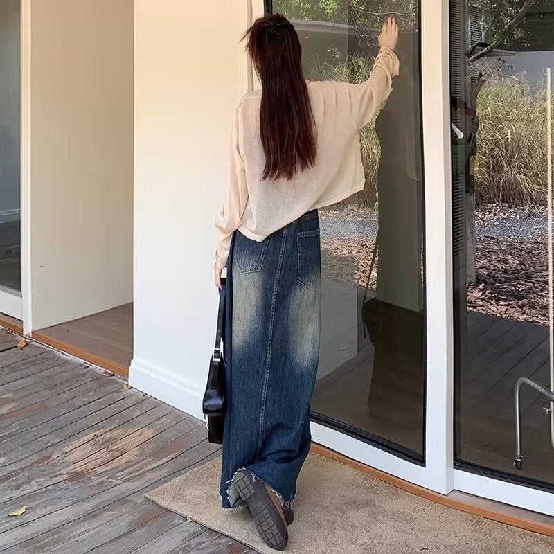 Vintage High Waist Design Sense Denim Skirt Women's 2024 Summer New Niche A- line Hip Fur-edged Long Skirt