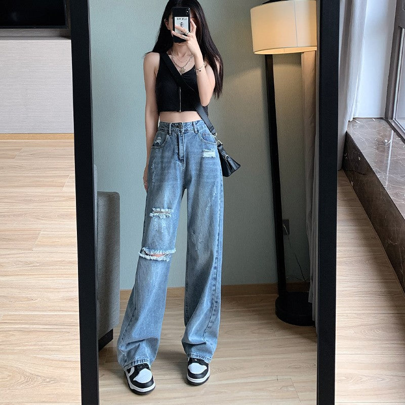 Slim-fit Ripped Jeans Women's High Waist Loose Summer Vintage Old-fashioned Small Dipped Wide Leg Dumped Trousers