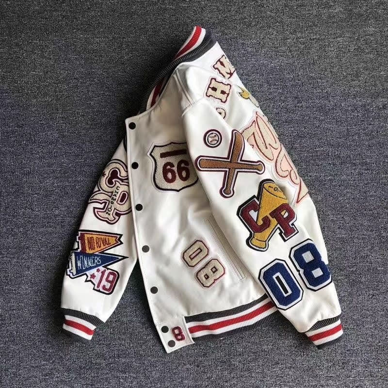 Polyester Baseball Leather Jacket For Men And Women Autumn And Winter Leather Coat With Multi-Label Embroidery